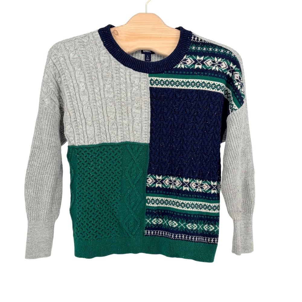 Lands' End Patchwork Cable Knit Sweater L Multi Colorblock Fair Isle Mix Stitch
